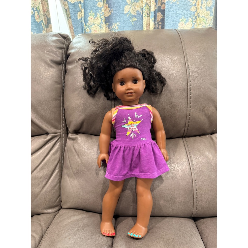 American Girl Truly Me 18 Inch Doll Dark Skin Curly Black Hair Purple Star Dress